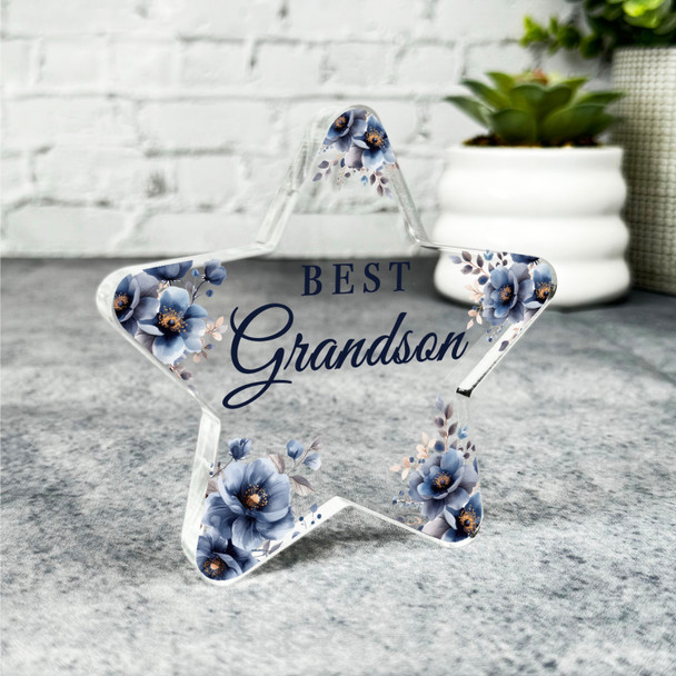 Custom Ornament Gift For Best Grandson Navy Floral Star Plaque Keepsake Gift