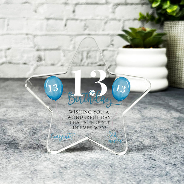 13th Birthday Present Male Blue Balloons Star Plaque Keepsake Gift