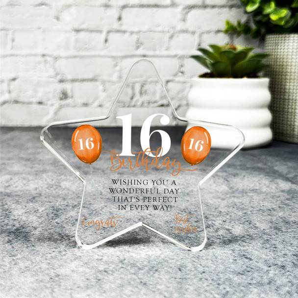 16th Birthday Present Male Orange Balloons Star Plaque Keepsake Gift