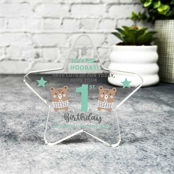 1st Birthday Present Boy Bear Open Birthday Present Star Plaque Keepsake Gift