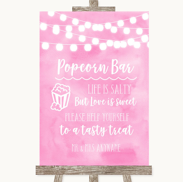 Baby Pink Watercolour Lights Popcorn Bar Personalised Wedding Sign