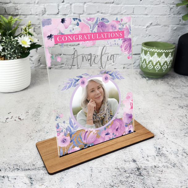 Congratulations Gift For Female Purple Flowers Photo Personalised Gift Plaque