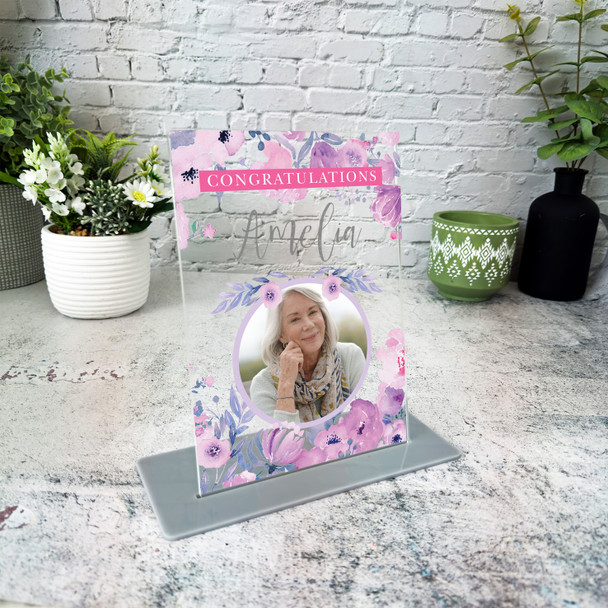 Congratulations Gift For Female Purple Flowers Photo Personalised Gift Plaque