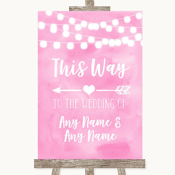 Baby Pink Watercolour Lights This Way Arrow Left Personalised Wedding Sign