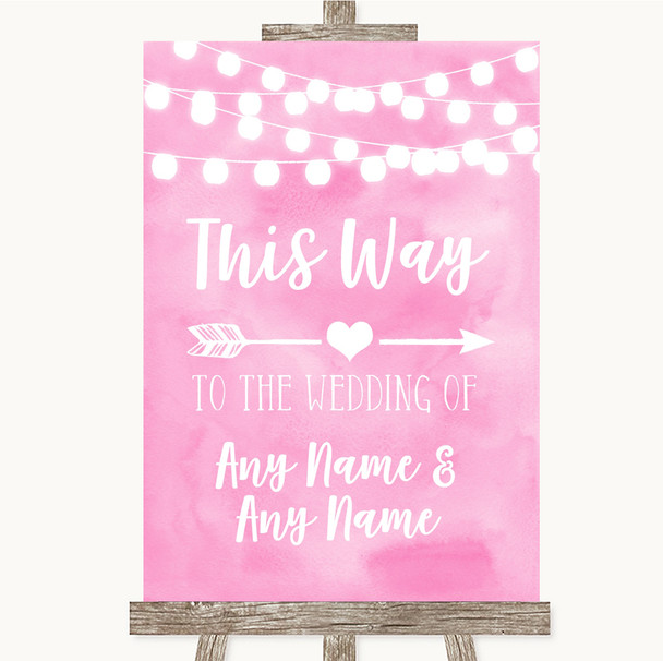 Baby Pink Watercolour Lights This Way Arrow Right Personalised Wedding Sign