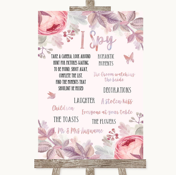 Blush Rose Gold & Lilac I Spy Disposable Camera Personalised Wedding Sign