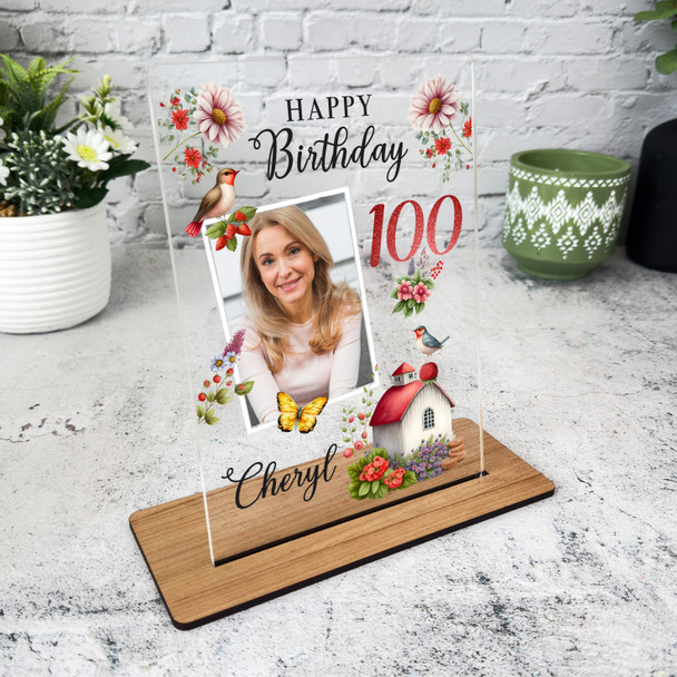 100th Birthday Gift For Female Birds Strawberries Photo Personalised Gift Plaque