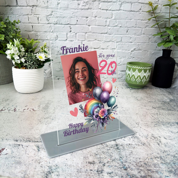 20th Birthday Gift Rainbow Floral Balloons Photo Custom Personalised Gift Plaque