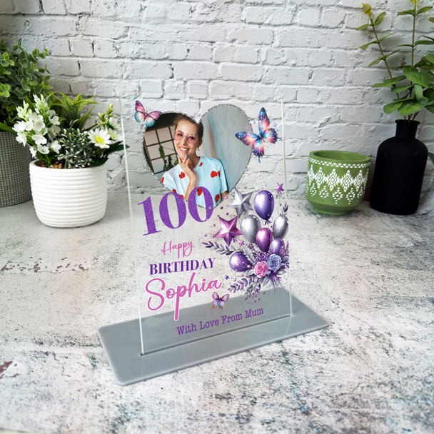 100th Birthday Gift For Her Purple Balloons Heart Photo Personalised Gift Plaque 100th Birthday Gift For Her Purple Balloons Heart Photo Personalised Gift Plaque