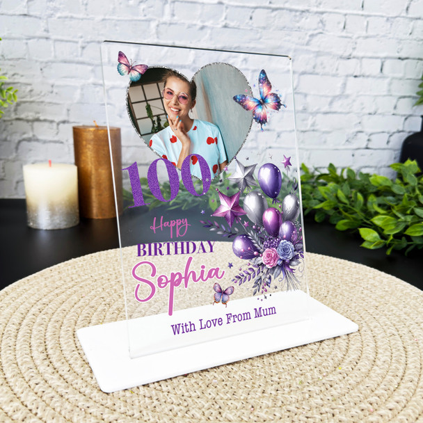 100th Birthday Gift For Her Purple Balloons Heart Photo Personalised Gift Plaque 100th Birthday Gift For Her Purple Balloons Heart Photo Personalised Gift Plaque
