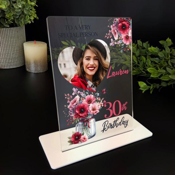 30th Birthday Gift For Her Pink Flowers Jar Heart Photo Personalised Gift Plaque