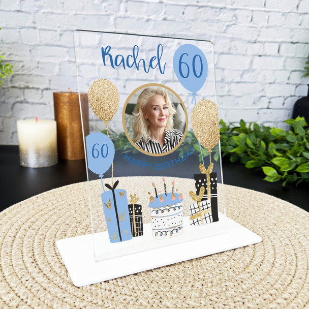 60 Birthday Gift Female Blue Cake Balloon Photo Personalised Gift Acrylic Plaque
