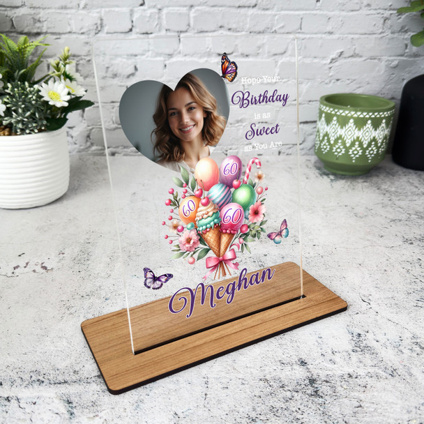 60th Birthday Gift Floral Ice-Cream Balloon Heart Photo Personalised Gift Plaque