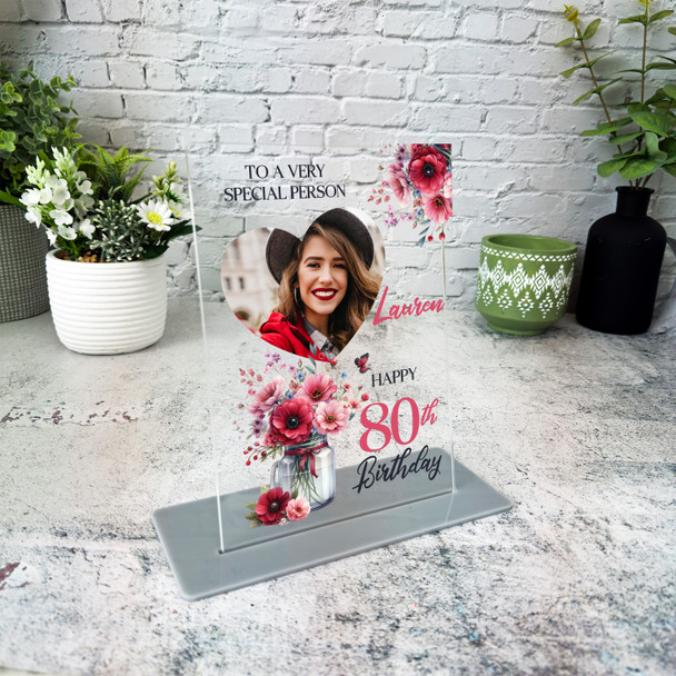 80th Birthday Gift For Her Pink Flowers Jar Heart Photo Personalised Gift Plaque