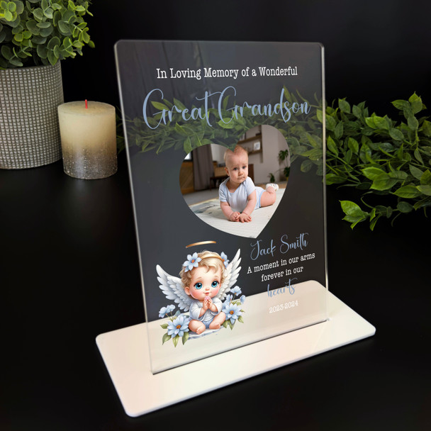 Great Grandson Baby Angel Heart Photo Memorial Keepsake Gift Personalised Plaque