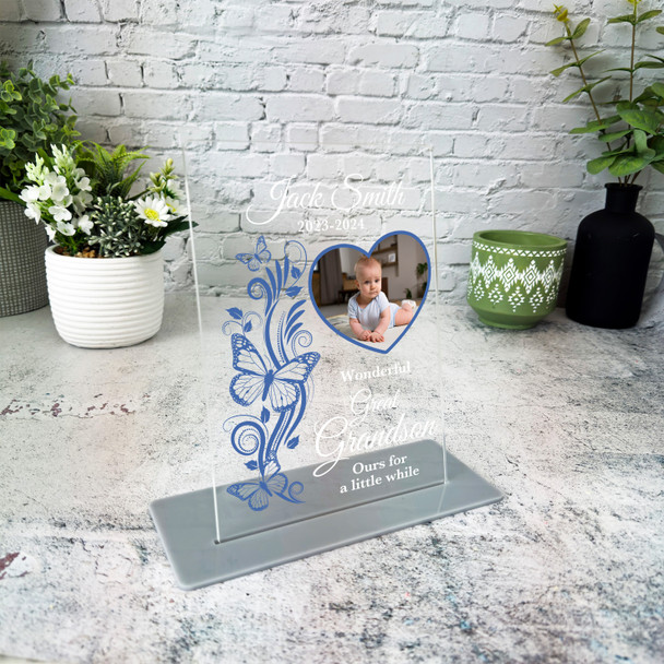 Great Grandson Blue Butterflies Heart Photo Memorial Keepsake Gift Custom Plaque