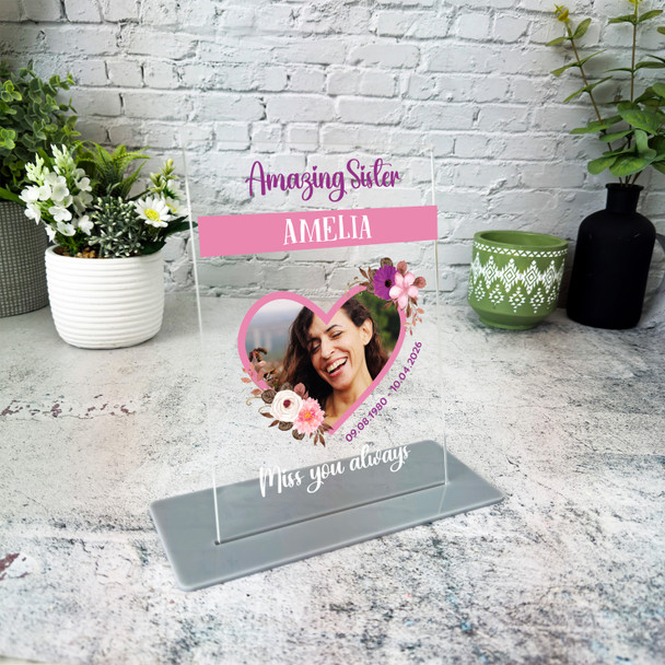 Sister Memorial Keepsake Gift Pink Purple Flowers Photo Personalised Gift Plaque