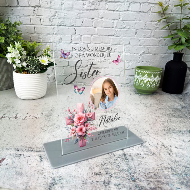 Sister Pink Floral Cross Memorial Keepsake Gift Personalised Gift Acrylic Plaque