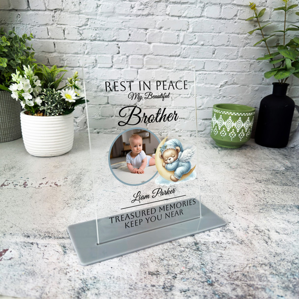 Brother Blue Sleeping Bear Photo Memorial Keepsake Gift Personalised Gift Plaque