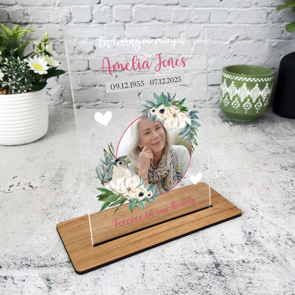 Female Memorial Keepsake Gift Bird Flower Photo Personalised Gift Acrylic Plaque