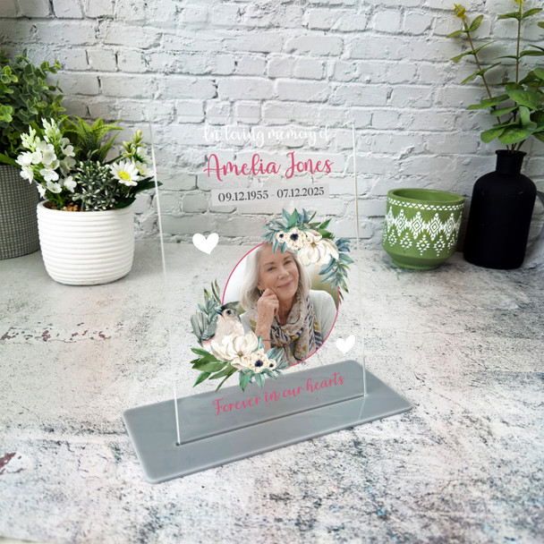 Female Memorial Keepsake Gift Bird Flower Photo Personalised Gift Acrylic Plaque