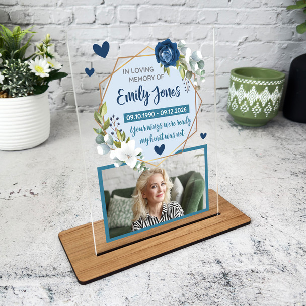 Female Memorial Keepsake Gift Blue Flower Photo Personalised Gift Acrylic Plaque