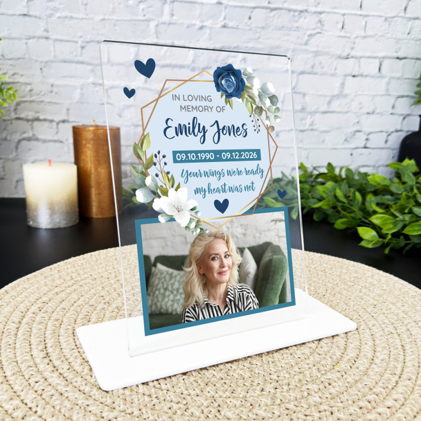 Female Memorial Keepsake Gift Blue Flower Photo Personalised Gift Acrylic Plaque