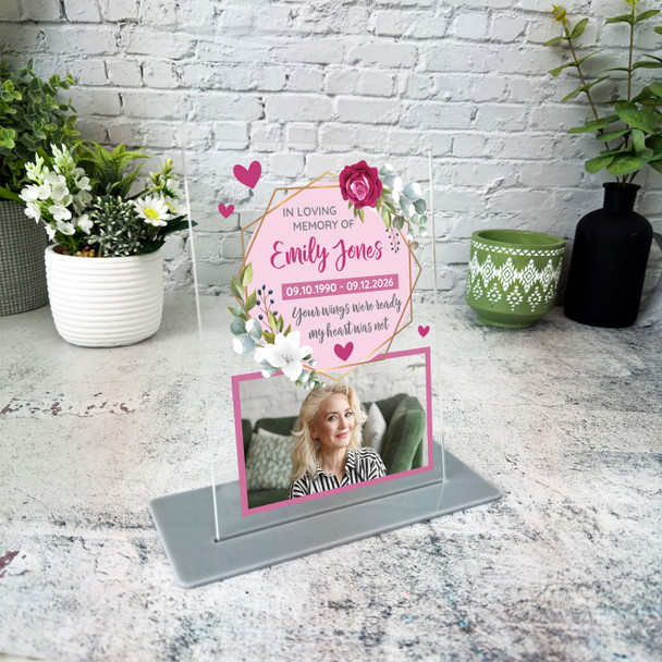 Female Memorial Keepsake Gift Pink Flower Photo Personalised Gift Acrylic Plaque