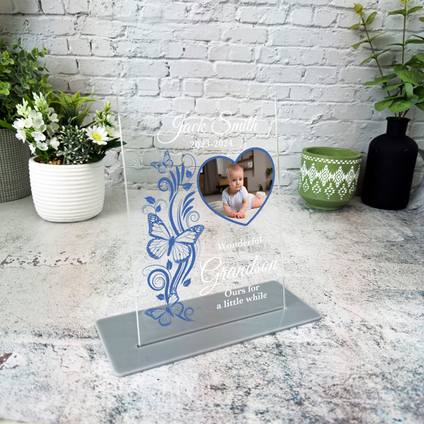 Grandson Blue Butterflies Heart Photo Memorial Keepsake Gift Personalised Plaque