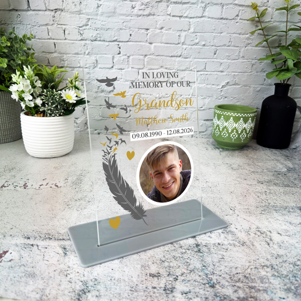 Grandson Memorial Keepsake Gift Feather Bird Gold Photo Personalised Gift Plaque