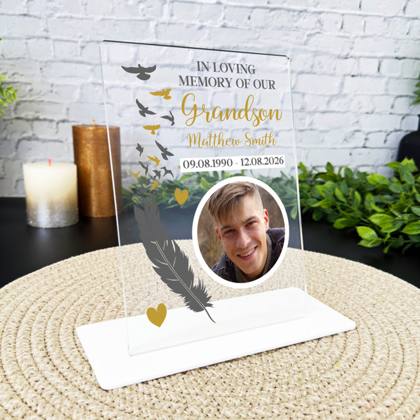 Grandson Memorial Keepsake Gift Feather Bird Gold Photo Personalised Gift Plaque