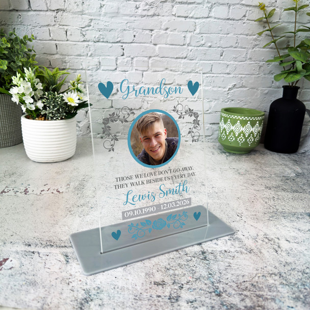 Grandson Memorial Keepsake Gift Blue Photo Rose Personalised Gift Acrylic Plaque