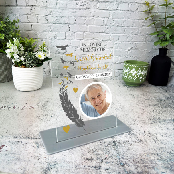 Great Grandad Memorial Keepsake Gift Feather Bird Gold Photo Personalised Plaque