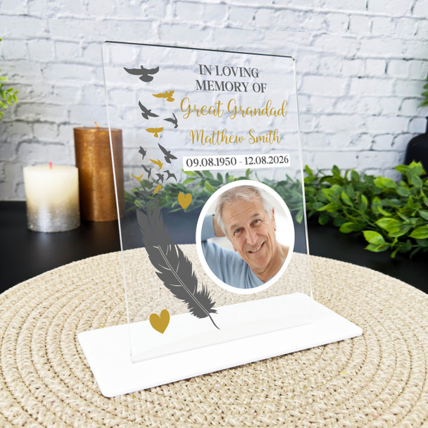 Great Grandad Memorial Keepsake Gift Feather Bird Gold Photo Personalised Plaque