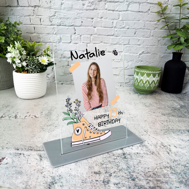 13th Birthday Gift Yellow Floral Trainer Photo Personalised Gift Acrylic Plaque