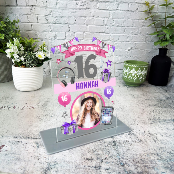 16th Birthday Gift For Teen Music Tablet Girl Pink Photo Personalised Gift Plaque