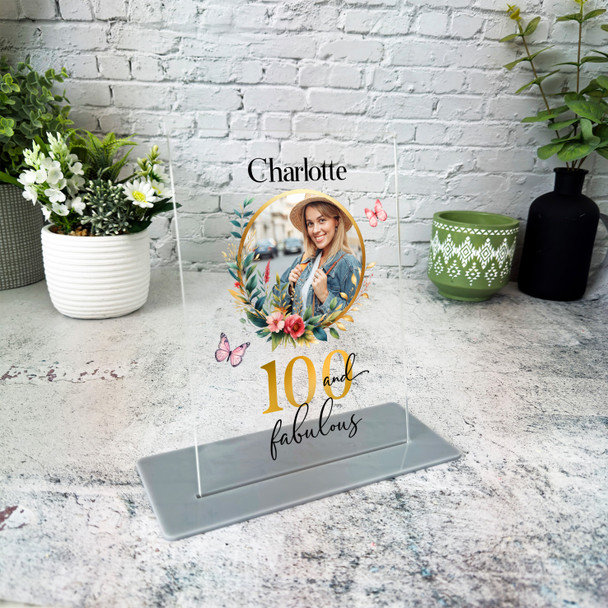 100th Birthday Gift Floral Wreath Photo Custom Personalised Gift Acrylic Plaque