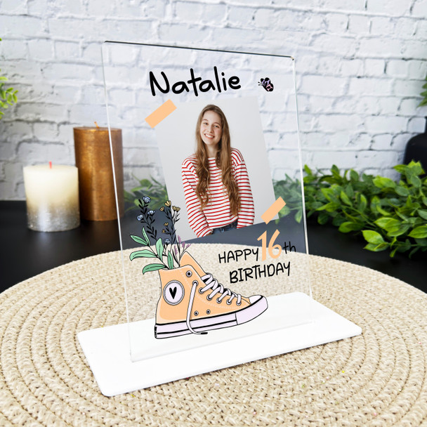 16th Birthday Gift Yellow Floral Trainer Photo Personalised Gift Acrylic Plaque