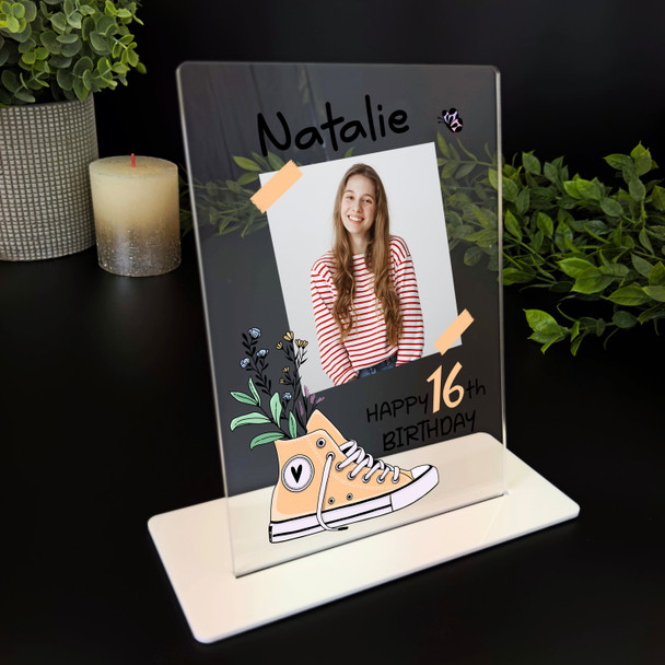 16th Birthday Gift Yellow Floral Trainer Photo Personalised Gift Acrylic Plaque