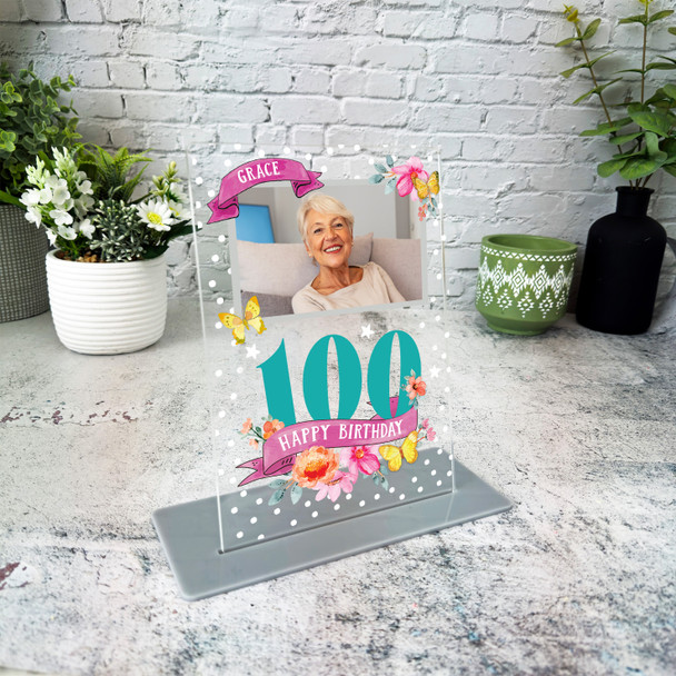 100th Birthday Gift For Female Flowers Photo Butterfly Personalised Gift Plaque
