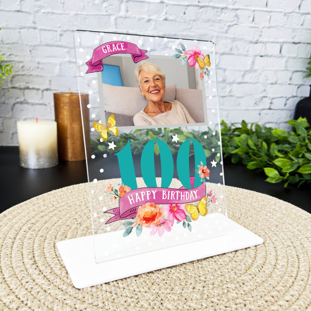 100th Birthday Gift For Female Flowers Photo Butterfly Personalised Gift Plaque
