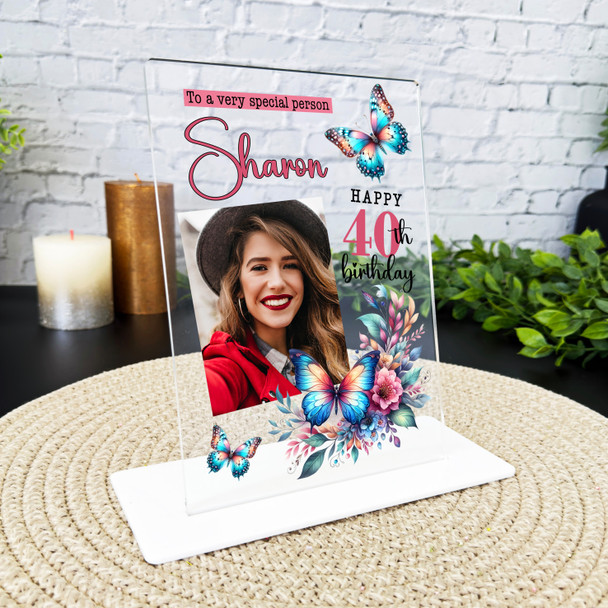 40th Birthday Gift For Female Floral Butterflies Photo Personalised Gift Plaque