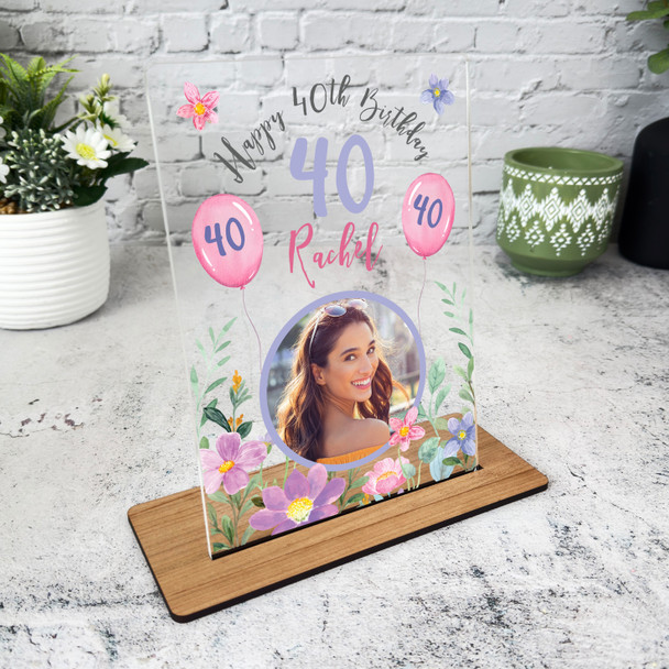 40th Birthday Gift For Female Flower Pink Purple Photo Personalised Gift Plaque