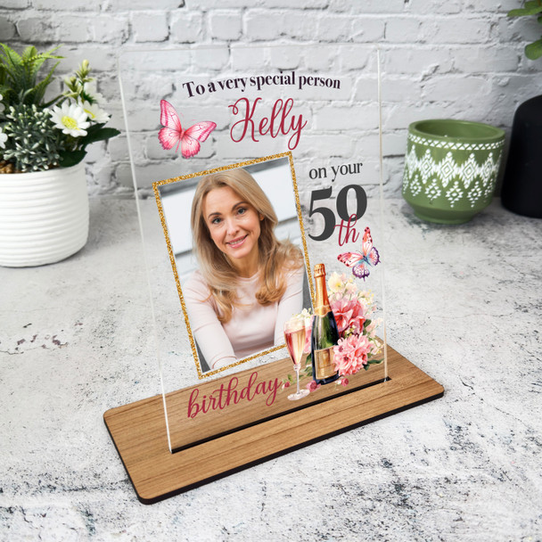 50th Birthday Gift For Her Champagne Butterflies Photo Personalised Gift Plaque