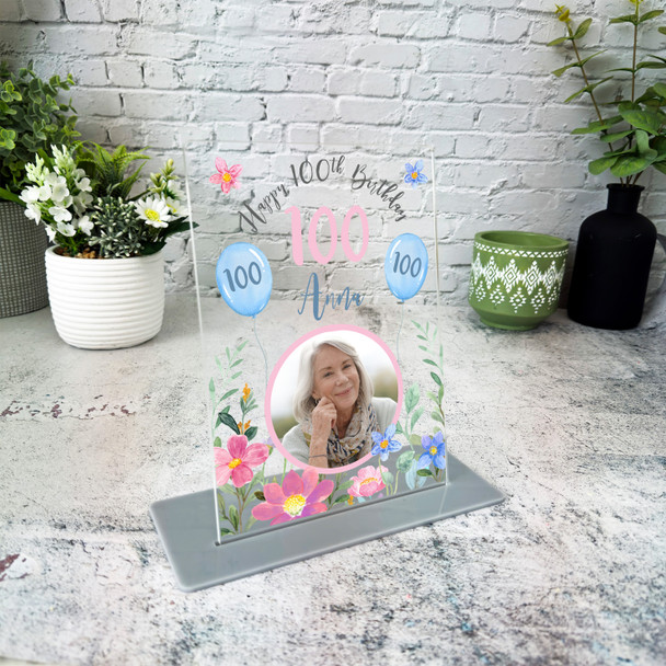 100th Birthday Gift For Female Pink Blue Photo Personalised Gift Acrylic Plaque