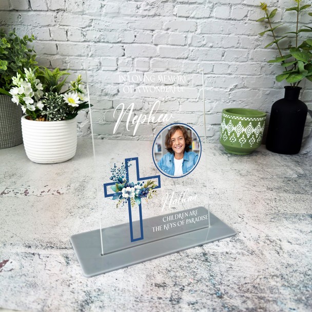 Nephew Blue Cross Photo Memorial Keepsake Gift Personalised Gift Acrylic Plaque