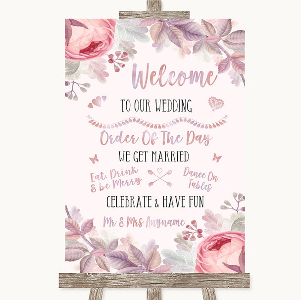 Blush Rose Gold & Lilac Welcome Order Of The Day Personalised Wedding Sign