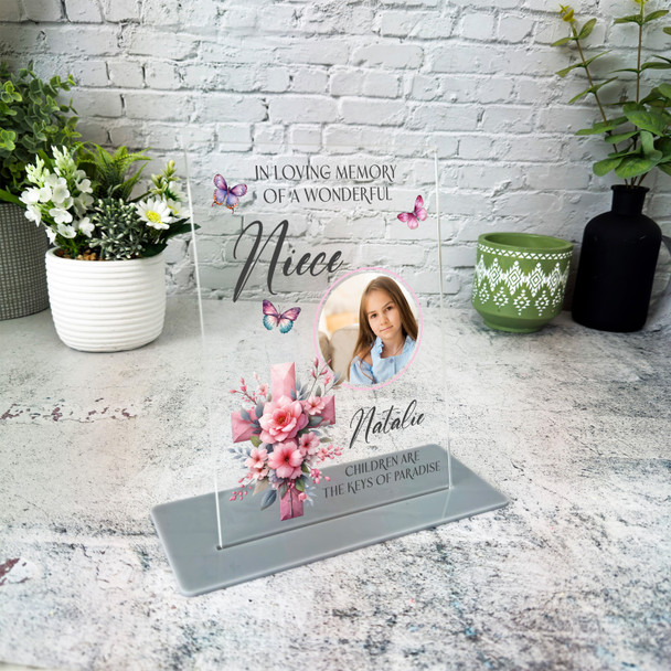 Niece Pink Floral Cross Memorial Keepsake Gift Personalised Gift Acrylic Plaque