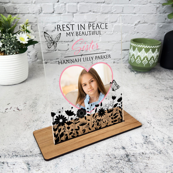 Sister Black Floral Heart Photo Memorial Keepsake Gift Personalised Gift Plaque