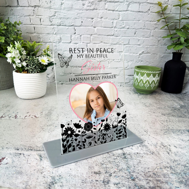 Sister Black Floral Heart Photo Memorial Keepsake Gift Personalised Gift Plaque
